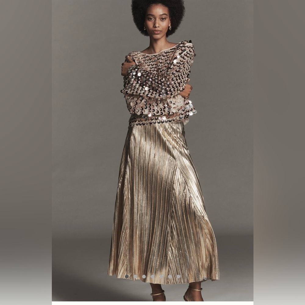 NWT Anthropologie Elegant Gold Pleated Midi Skirt - Picture 4 of 5